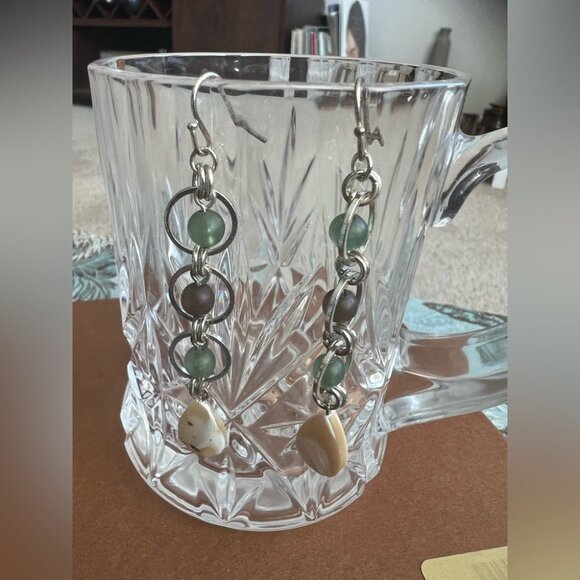 Boho Glass Bead & Shell Drop Earrings Silver Tone Green Brown Coastal Dangle 3” - Picture 2 of 3